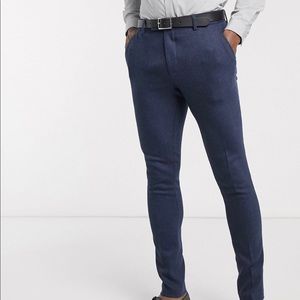 Super skinny wool mix suit pants navy herringbone